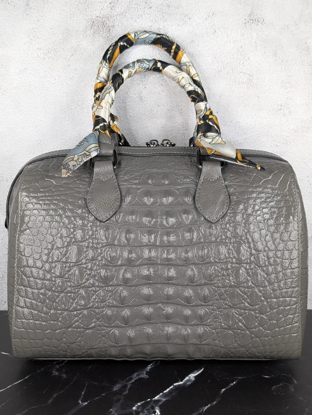 Gray Croc-Embossed Leather Satchel Bag with Scarf-Wrapped Handles NWOT